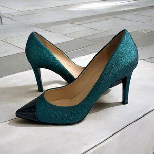 J CREW Teal Black Glitter Captoe Heels Size 8
